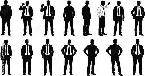 Black silhouettes of businessmen in varied professional poses for themes of corporate behavior, business illustration, and workplace gesture design.