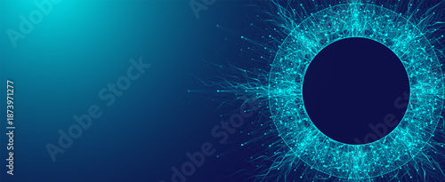 Scientific vector illustration quantum computer technology. Plexus fiction effect. Deep learning artificial intelligence. Big data algorithms visualization. Quantum explosion background.