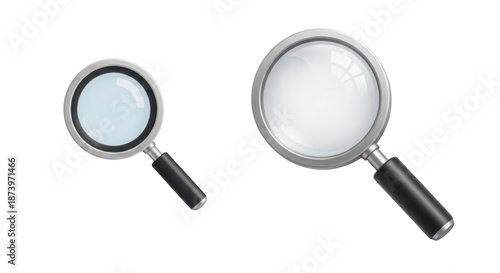 Two magnifying glasses with black handles on transparent background
