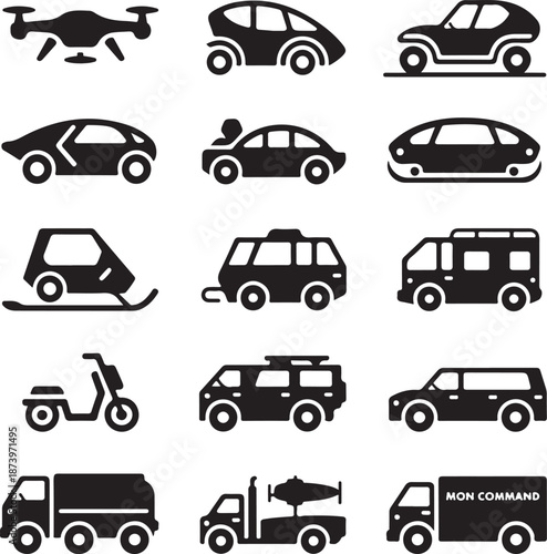 collection of various vehicle icons including cars and trucks and drones