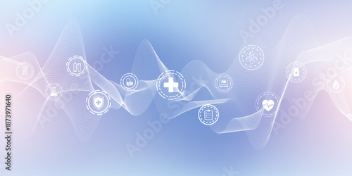 Modern health care banner template with flat icons. Medical innovation concept for header, web banner, website, presentation. Vector illustration