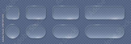 Transparent glass buttons. Liquid glass design elements with morphism effect. Modern digital interface icons for web and app design with rounded frame and subtle shadow. Vector illustration.