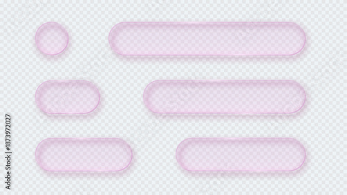 Pink transparent glass buttons. Liquid glass design elements with morphism effect. Modern digital interface icons for web and app design with rounded frame and subtle shadow. Vector illustration.