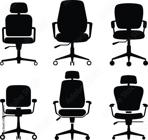 Office chair silhouettes set, modern ergonomic swivel chairs collection, black vector illustration of workplace seating isolated on white background