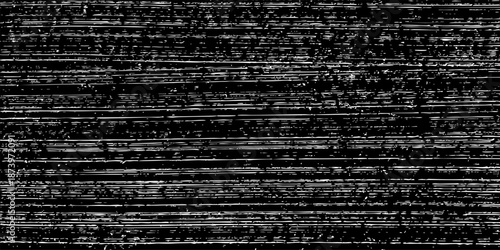Grunge noise texture background. White scratch pattern on black with distressed vintage glitch effect and analog static lines. Retro overlay vector illustration.