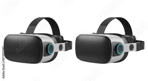 Two black virtual reality headsets with blue lenses on transparent background