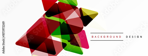 Abstract geometric shapes overlap, creating vibrant color composition. Red, green, pink dominate white space. Modern design element.