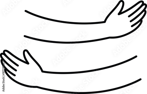 Open arms hug illustration, caring gesture concept, support love symbol, black and white line art, minimal vector design