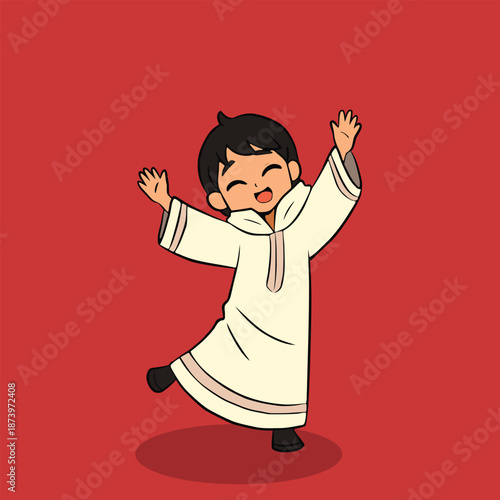 Happy Young Boy in Traditional White Robe Celebrating on Red Background Illustration