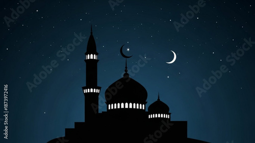 A serene silhouette of a mosque under a starry night sky with crescent moon with stars and peaceful and architecture and islamic and religion