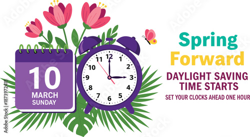 Spring Forward vector illustration with a purple alarm clock, pink tulips, and a calendar for the March time change.