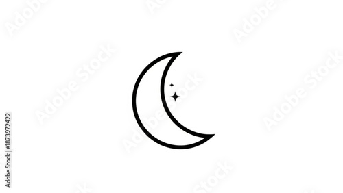 A minimalist black crescent moon with two small stars on a white background symbolizing night space and celestial wonder in a simple vector graphic design