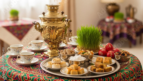 Traditional persian nowruz celebration table setting with samovar tea and sweets on colorful fabric with Persian New Year and Food and Culture
