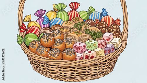 Colorful easter basket overflowing with assorted candies and baked goods on light blue background with candy and holiday and spring and festive