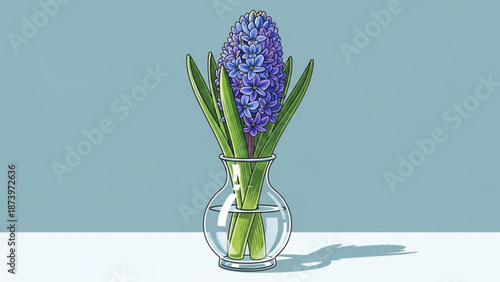 A vibrant purple hyacinth flower arrangement in a clear glass vase on a white table against a soft blue background with natural lighting and subtle shadows