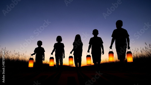 Silhouetted children walking in field with lanterns at sunset or dusk with dramatic sky background with twilight and peaceful and serene and family