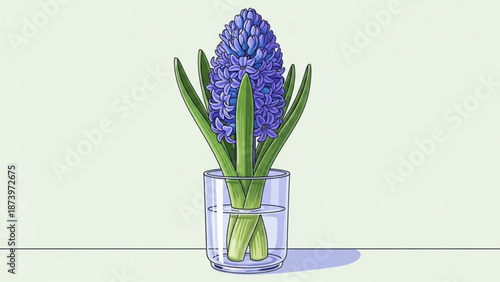 A vibrant purple hyacinth flower in a clear glass vase on a light green background with lush green leaves and stems with botanical and illustration