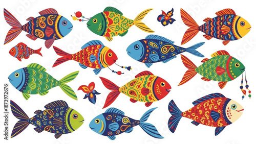 Vibrant colorful fish in various patterns and designs swim together in a lively school with butterflies on a white background with patterned fish