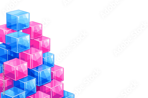 An abstract 3D background featuring reflective blue and pink glass cubes, with space reserved for copy