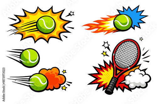 Vibrant, tennis-inspired comic book backdrop featuring vivid colors and lively illustrations of tennis balls and rackets