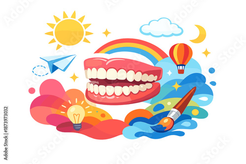 A surreal arrangement of dentures hovering in midair over a vivid, colorful abstract backdrop that embodies creativity and imagination