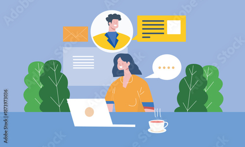 vector illustrations with female characters working at home, remotely or in coworking space, office. Concept of freelancing comfortable work in home. Working conditions during worldwide pandemic.