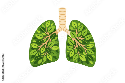 Tree leaves, greenish in hue, fill the lungs, symbolizing a healthy lifestyle concept and a