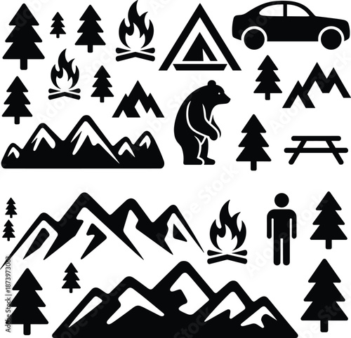 Outdoor camping silhouette icon set featuring mountains forest campfire wildlife car tent picnic hiking adventure nature collection travel lifestyle illustration