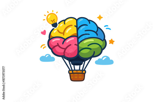 A vivid concept of creativity, featuring a colorful brain shaped like a hot air balloon against a white backdrop