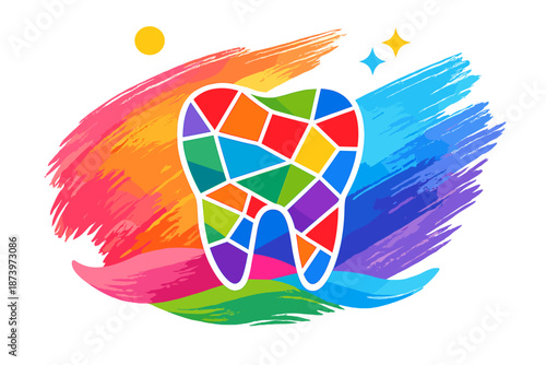 A vibrant mosaic tooth set against an abstract backdrop of bold brushstrokes and gradient hues, embodying the theme of dentistry