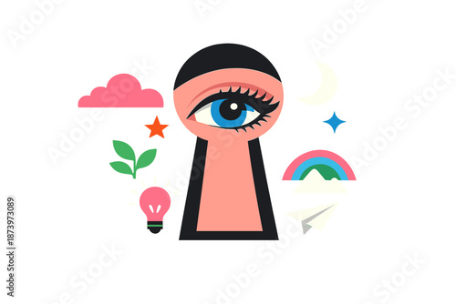 A wide-open female eye gazes into a keyhole against a yellow background, creating a contemporary collage that sparks unexpected discoveries, conceptual design, and embodies the concepts of
