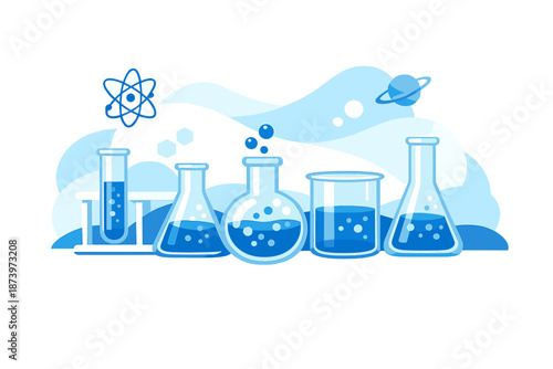 Abstract background of conceptual research featuring science lab equipment, beakers, and flasks filled with blue fluid
