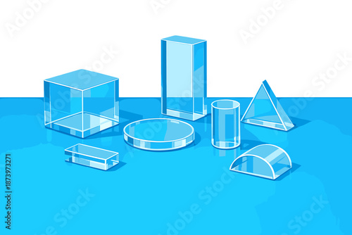 A high-resolution image of an abstract background displaying translucent glass blocks in various shapes, set against a vibrant blue surface
