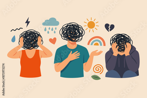 A contemporary collage featuring figures with scribbly, tangled heads, expressive gestures, and abstract elements set against a beige background, exploring themes of mental health, inner worlds