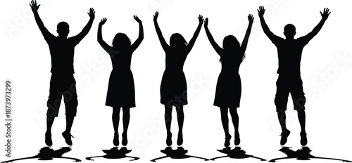 Black silhouettes of five joyful figures jumping with raised arms and shadows for themes of celebration, motion, and expressive body language.