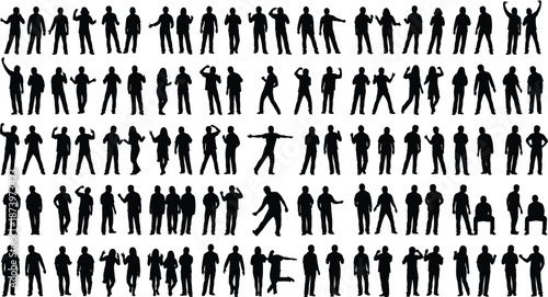 Black silhouettes of people in varied poses and gestures for themes of motion, posture, interaction, and human behavior design reference.