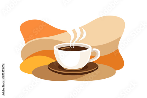 A steaming mug of coffee set against an abstract, flowing backdrop