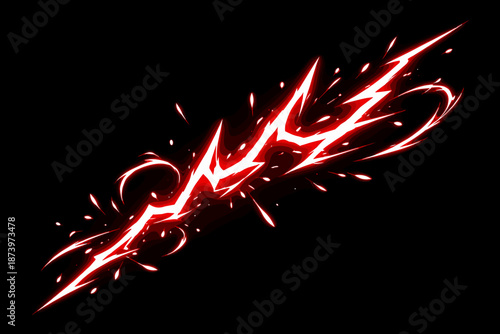 Illustration of abstract white and red lightning sparks in anime style against a plain dark black background