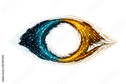 A flow of light particles creates an abstract, eye-shaped vortex against a black backdrop, evoking a conceptual iris, and blending themes of technology websites, sci‑fi, digital portfolios