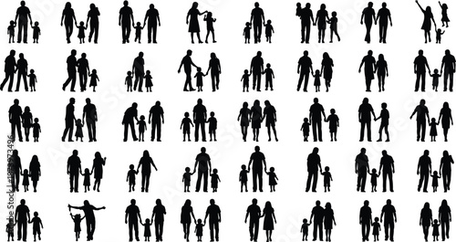 Black silhouettes of diverse family groupings in various poses for themes of parenting, unity, relationships, and social design illustration.