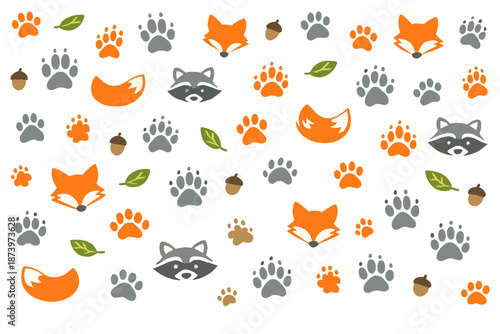Cute animal footprint background pattern featuring woodland creatures, including fox and raccoon tracks