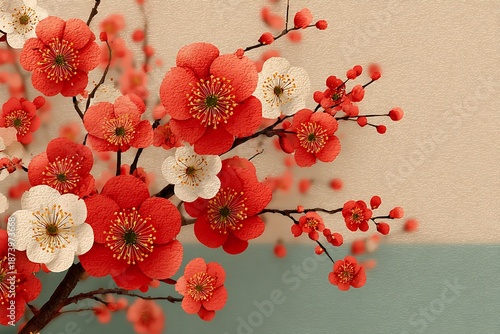 Delicate Red and White Plum Blossoms on Branches Against Textured Background flower