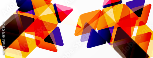 Abstract geometric shapes overlap. Vibrant orange, red, purple tones dominate white background. Modern design elements present.