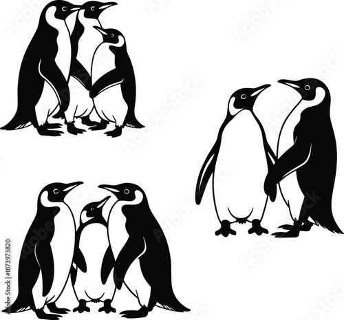 Penguin family silhouette illustration, group of penguins standing together, black and white vector wildlife, antarctic birds, social behavior, concept, art