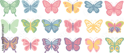 Pastel butterfly collection with various colorful wings, cute summer insect set for nursery decor, stickers, invitations and whimsical nature art