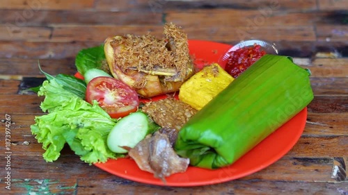Indonesian nasi bakar, grilled rice wrapped in banana leaves with savory fillings and smoky aroma.
