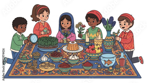 Children gathered around a colorful table with traditional food and decorations celebrating a cultural holiday or special occasion with family and friends
