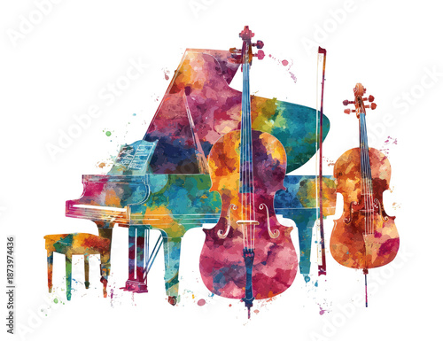 Colorful watercolor depiction of musical instruments piano, cello, and violin