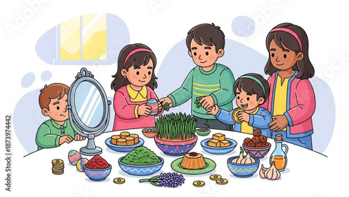 A family of five enjoying a meal together with a variety of foods on the table and a mirror in a bright and cheerful setting with children and happy