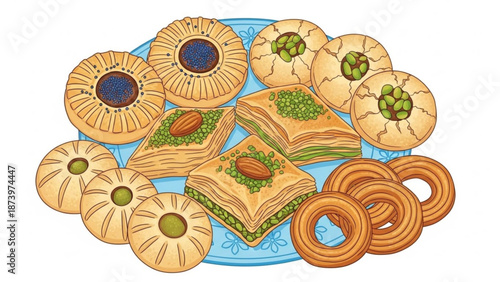 Assorted traditional sweet pastries on a decorative blue plate including baklava and cookies with nuts and green toppings on a white background